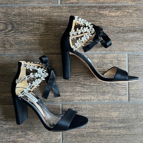 Badgley Mischka Everafter Embellished Black Block Heel 7 - Picture 1 of 10